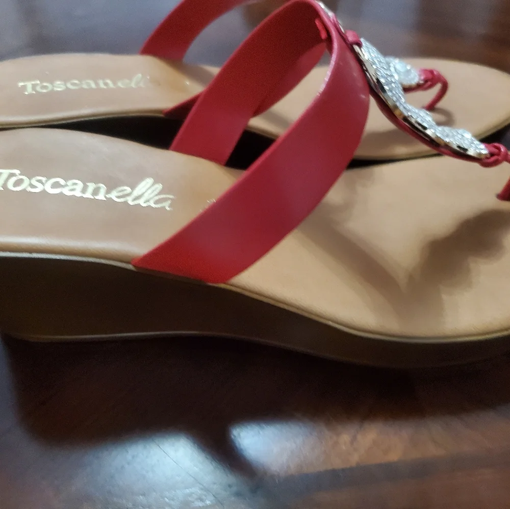 Toscanella Red Rhinestone Wedge Thong Sandals Made in Italy Womens Size 9 Dylan